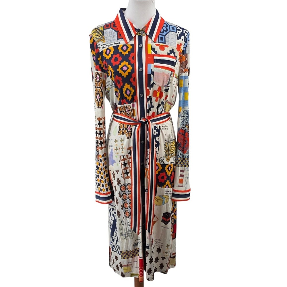 Tory Burch Womens L Silk Blend Laurence Scrapbook Belted Shirtdress - Picture 2 of 16